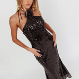 High Roller Flower Decoration Halter Dress Sequin Black
