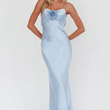 High Roller Cowl Back Rosette Maxi Dress Blue