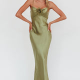 High Roller Cowl Back Rosette Maxi Dress Olive