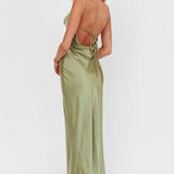 High Roller Cowl Back Rosette Maxi Dress Olive