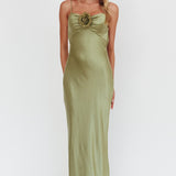 High Roller Cowl Back Rosette Maxi Dress Olive