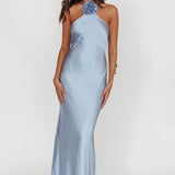 High Roller Flower Decoration Halter Dress Blue