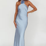 High Roller Flower Decoration Halter Dress Blue
