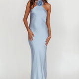 High Roller Flower Decoration Halter Dress Blue