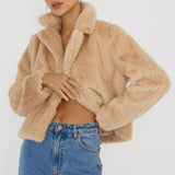 Savelle Notch Lapel Faux Fur Jacket Camel