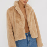 Savelle Notch Lapel Faux Fur Jacket Camel