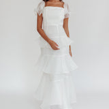 Delwynn Puff Sleeve Layered Midi Dress White