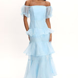 Delwynn Puff Sleeve Layered Midi Dress Blue