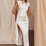 Grecian Cap Sleeve Cowl Back Dress Champagne