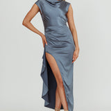 Grecian Cap Sleeve Cowl Back Dress Steel Blue