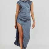 Grecian Cap Sleeve Cowl Back Dress Steel Blue