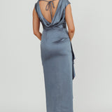 Grecian Cap Sleeve Cowl Back Dress Steel Blue