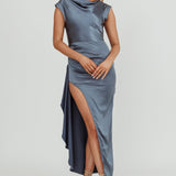Grecian Cap Sleeve Cowl Back Dress Steel Blue