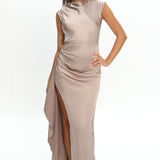 Grecian Cap Sleeve Cowl Back Dress Mocha