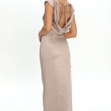 Grecian Cap Sleeve Cowl Back Dress Mocha