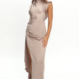Grecian Cap Sleeve Cowl Back Dress Mocha