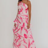 Kenny One Shoulder Tiered Maxi Dress Print Pink