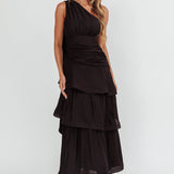 Kenny One Shoulder Tiered Maxi Dress Solid Black