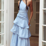 Kenny One Shoulder Tiered Maxi Dress Solid Blue