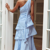 Kenny One Shoulder Tiered Maxi Dress Solid Blue