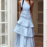 Kenny One Shoulder Tiered Maxi Dress Solid Blue