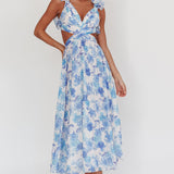 Madara Lace-Up Back Maxi Dress Floral Blue
