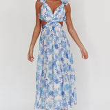 Madara Lace-Up Back Maxi Dress Floral Blue