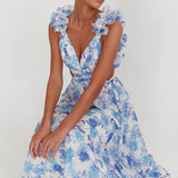 Madara Lace-Up Back Maxi Dress Floral Blue