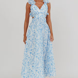 Madara Lace-Up Back Maxi Dress Flowers Blue