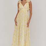 Madara Lace-Up Back Maxi Dress Floral Yellow
