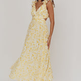 Madara Lace-Up Back Maxi Dress Floral Yellow