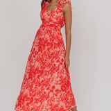 Madara Lace-Up Back Maxi Dress Floral Red