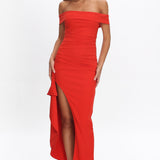 Cha Cha Off Shoulder Thigh Split Maxi Dress Red