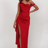 Sensations Off Shoulder Satin Maxi Dress Red