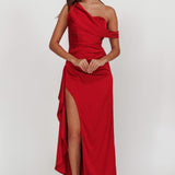 Sensations Off Shoulder Satin Maxi Dress Red