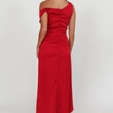 Sensations Off Shoulder Satin Maxi Dress Red