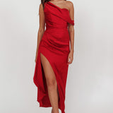 Sensations Off Shoulder Satin Maxi Dress Red