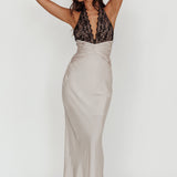 Rarity Satin Lace Halterneck Maxi Dress Champagne