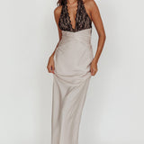Rarity Satin Lace Halterneck Maxi Dress Champagne