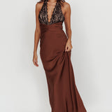 Rarity Satin Lace Halterneck Maxi Dress Coffee