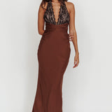 Rarity Satin Lace Halterneck Maxi Dress Coffee
