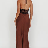 Rarity Satin Lace Halterneck Maxi Dress Coffee