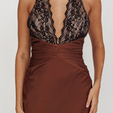 Rarity Satin Lace Halterneck Maxi Dress Coffee
