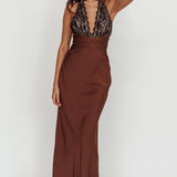 Rarity Satin Lace Halterneck Maxi Dress Coffee