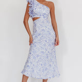 Deanna One-Shoulder Ruffle Midi Dress Floral Blue