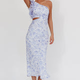 Deanna One-Shoulder Ruffle Midi Dress Floral Blue