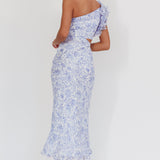 Deanna One-Shoulder Ruffle Midi Dress Floral Blue