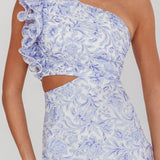 Deanna One-Shoulder Ruffle Midi Dress Floral Blue