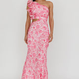 Deanna One-Shoulder Ruffle Midi Dress Floral Pink