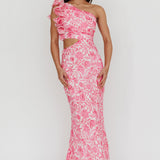 Deanna One-Shoulder Ruffle Midi Dress Floral Pink